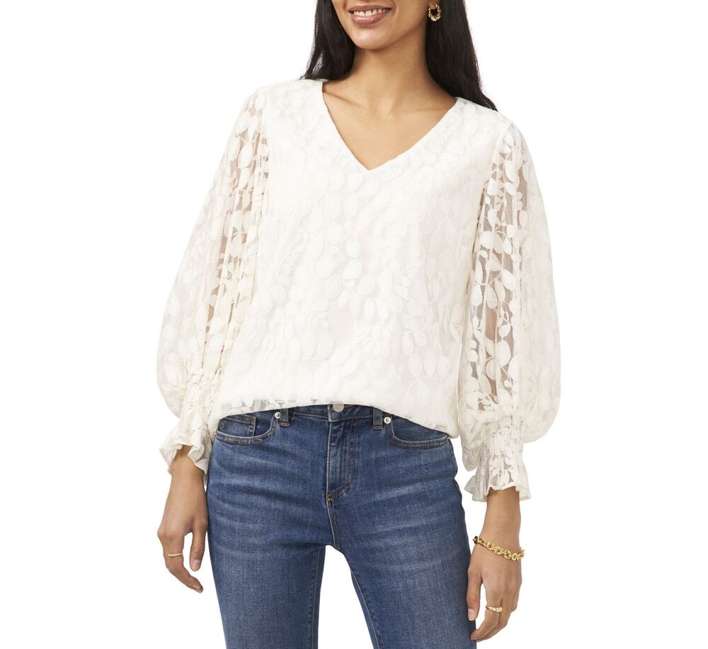 Sam & Jess Women's Off-White Lace V-Neck Long Sleeve Top Summer Blouse Size XS